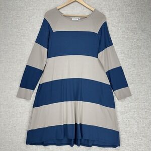 Masai Dress Womens Large Blue Tan Stripe Long Sleeve Swing Trapeze Knit Casual